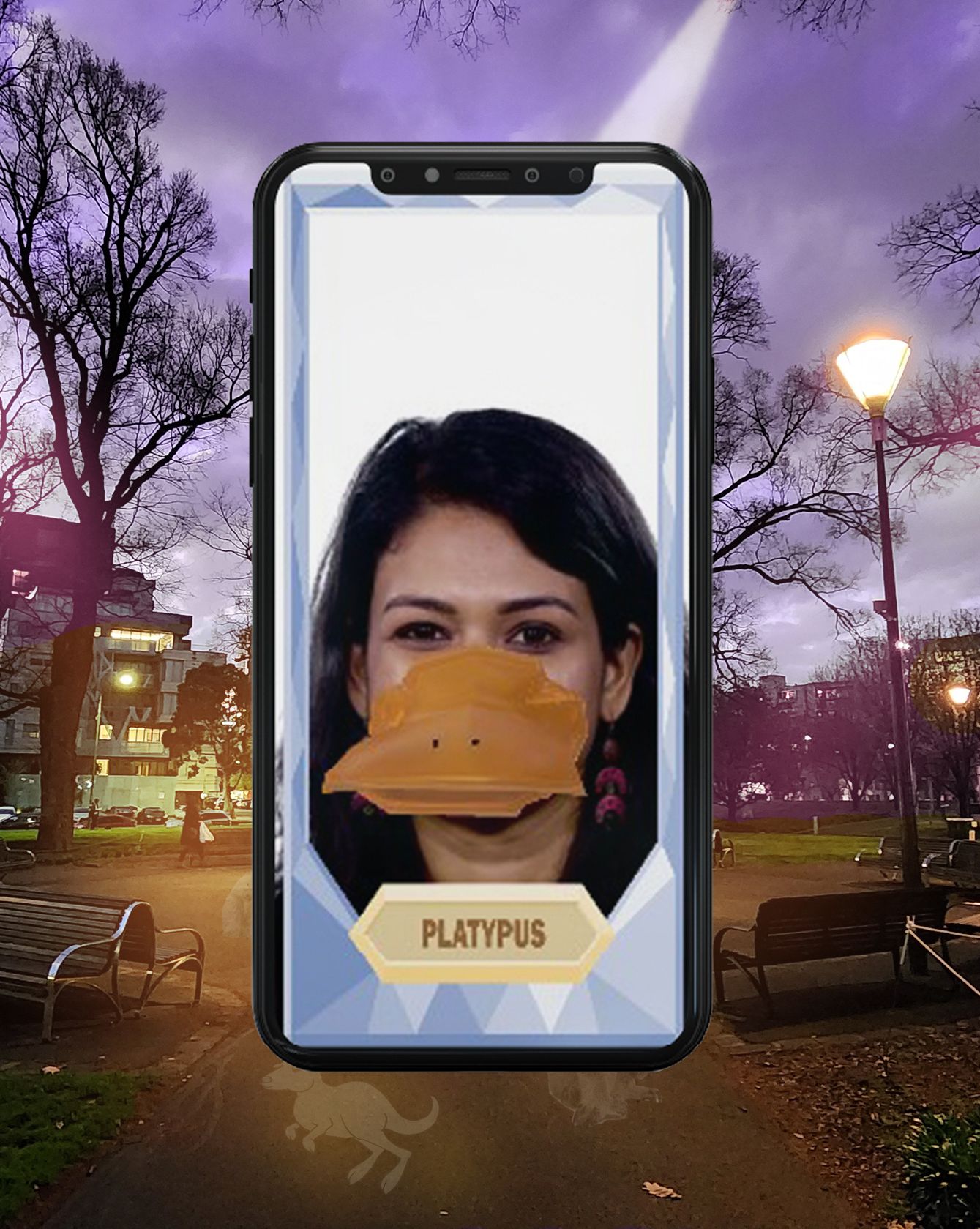 AR Instagram filter showing a platypus bill over a human face