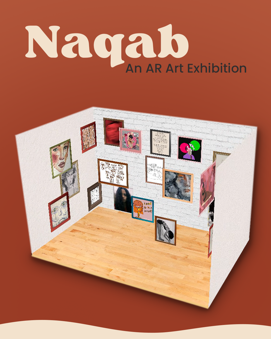 Mockup of an AR art exhibition featuring numerous framed artworks