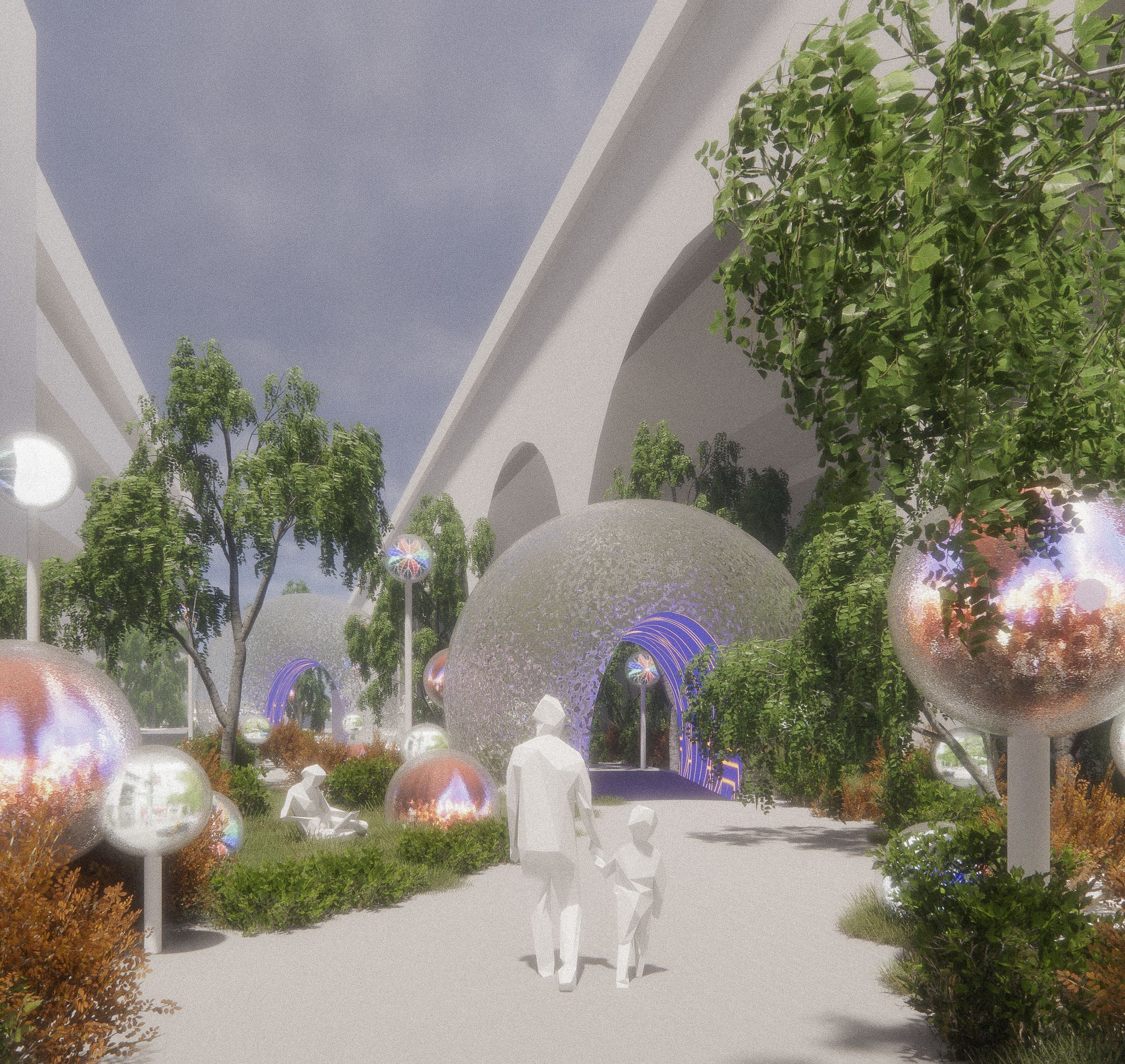 Two people walking through a digital garden featuring trees, wayfinding orbs and lighting.