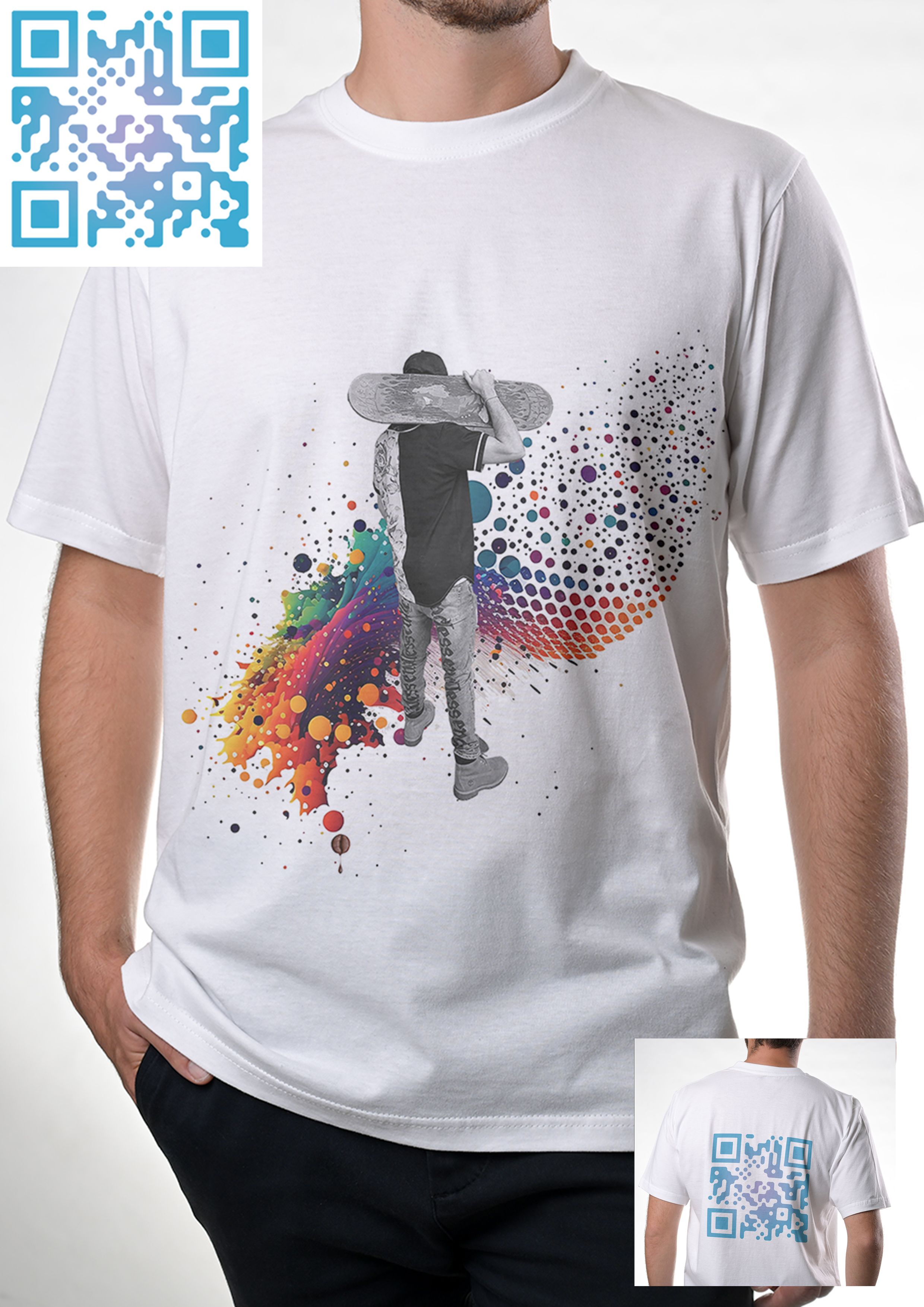 A model wearing a white t-shirt with Melbournology design on the front